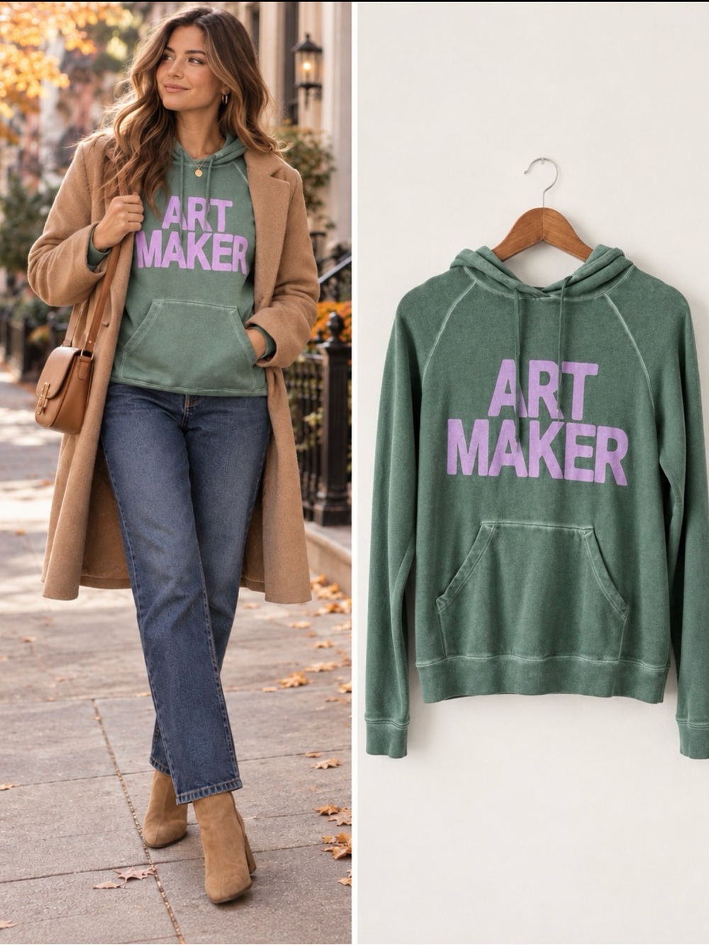 FREECITY “Art Maker” Hoodie XS / 0 Green Pink Graphic Pullover 100% Cotton